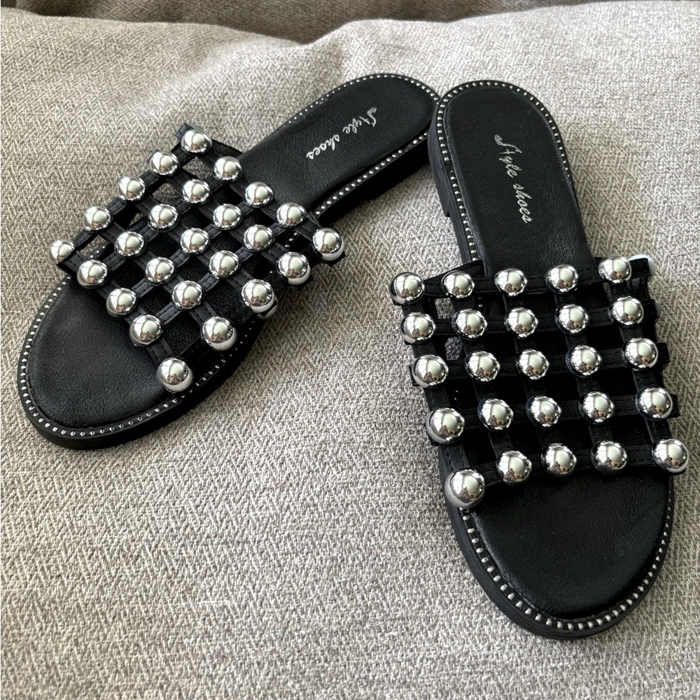 Style Shoes black slides with silver dome studs. Size 6